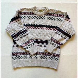 Vintage Large St. John’s Bay Fair Isle Cable Knit Crewneck Sweater 100% Cotton